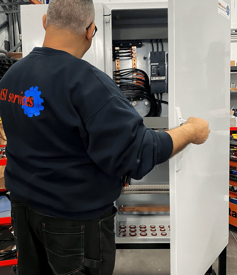 Technicien de l atelier MSI Services travaillant sur une armoire électrique industrielle